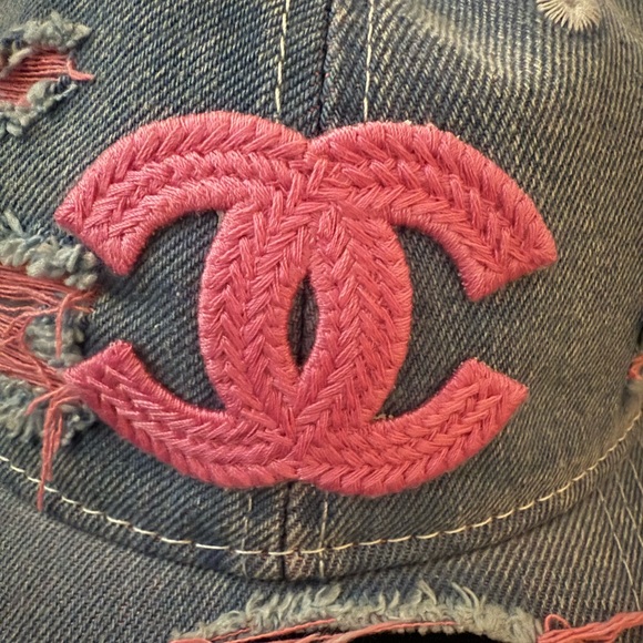 Brand new upcycled CHANEL Blue Denim Cap with Pink Logo - Picture 3 of 6